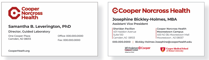 Two sample business cards with logo at top, followed by person's name, title, address, and phone number. One card lists the Cooper Norcross website and the other lists the person's email address as well as MD Anderson Cancer Center at Cooper and Cooper Medical School of Rowan University logos at the bottom.