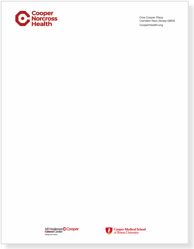 Image of letterhead with Cooper Norcross Health logo at top left, One Cooper Plaza address and cooperhealth.org at top right, and MD Anderson Cancer Center at Cooper and Cooper Medical School of Rowan University logos centered side by side at the bottom.